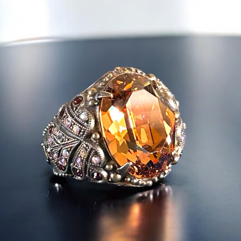Colorful Sorrelli Faceted Amber Crystal Antique Bronze Statement Ring Sz 6.5-7.5